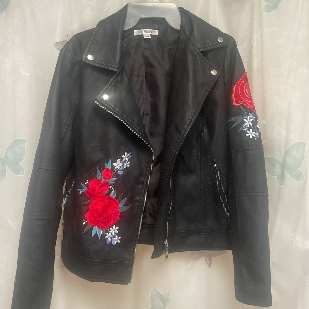 Say What? Black Leather Jacket with Red and Blue Embroidery